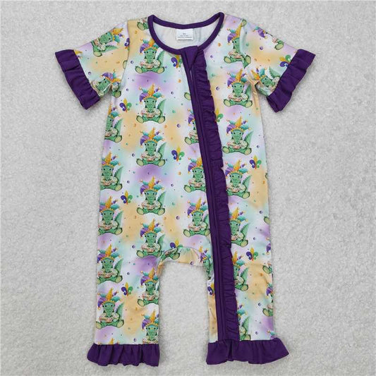 RTS NO MOQ Baby Girls Summer Bodysuit SR2068 Mardi Gras Crocodile Purple Short Sleeve Zip Rompers