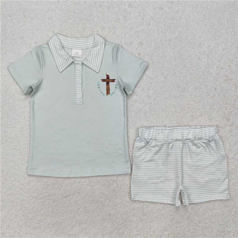 RTS NO MOQ Baby Boys kids Summer sets BSSO1025 Cross Leaf Green Short Sleeve Striped Shorts Set