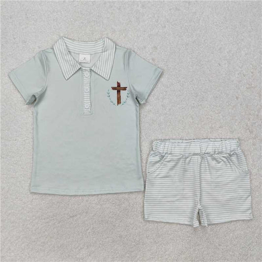 RTS NO MOQ Baby Boys kids Summer sets BSSO1025 Cross Leaf Green Short Sleeve Striped Shorts Set
