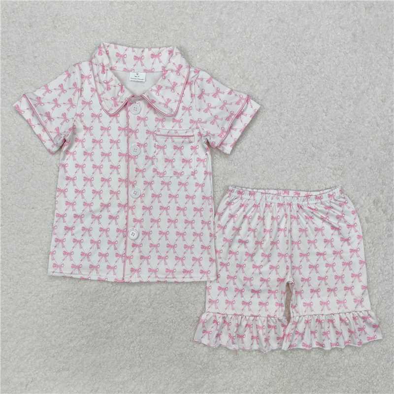 GSSO1820 Baby Girls Pink Bows Buttons Shirts Shorts Pajamas Clothes Sets