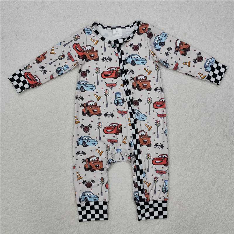 RTS NO MOQ Baby Boys Bodysuit LR2160 Long Sleeve Racing Plaid Flag Zip Rompers