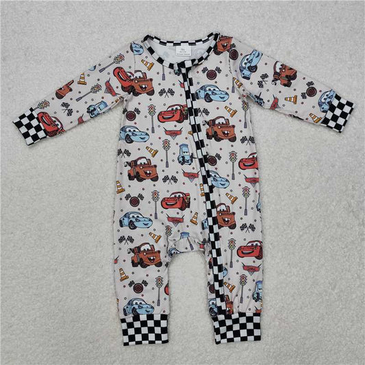 RTS NO MOQ Baby Boys Bodysuit LR2160 Long Sleeve Racing Plaid Flag Zip Rompers