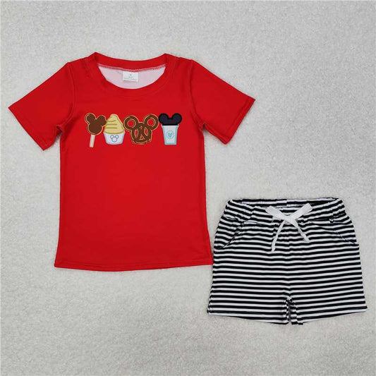 RTS NO MOQ Baby Boys kids Summer sets BSSO1110 Ice Cream Red Short Sleeve Striped Shorts Set
