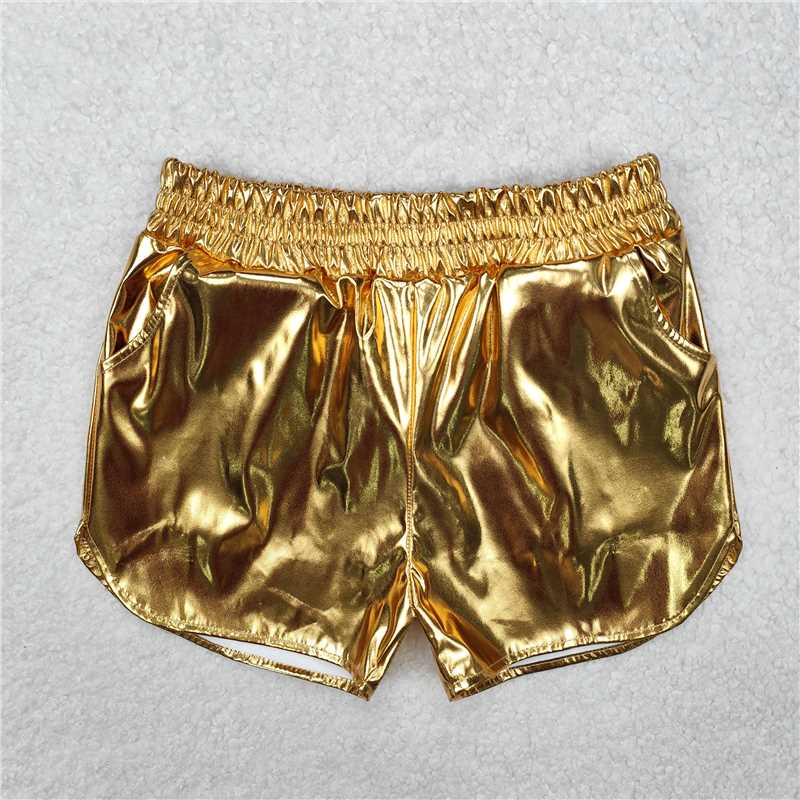 RTS NO MOQ Baby Girls Summer Pants SS0417 Metallic Golden Pocket Leather Elastic Bottom Shorts