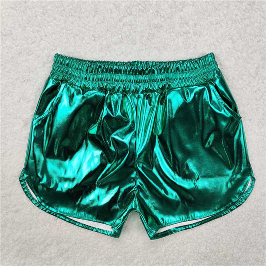 RTS NO MOQ Baby Girls Summer Pants SS0410 Metallic Green Pocket Leather Elastic Bottom Shorts