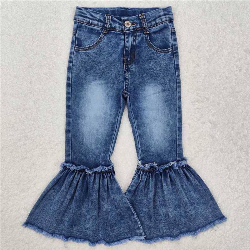 P0676 Baby Girls Navy Bleached Denim Flare Pants Jeans