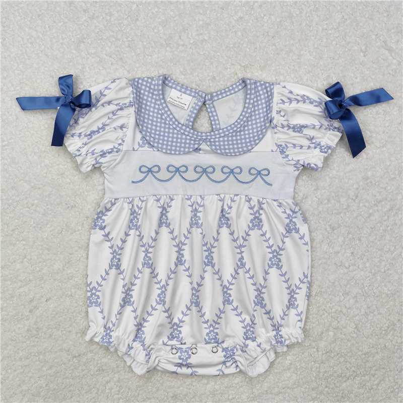 7.11 RTS NO MOQ Summer Baby Girls Bodysuit SR2146 Short Sleeve Blue Flowers Bows Rompers
