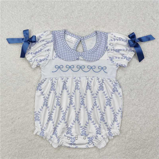 7.11 RTS NO MOQ Summer Baby Girls Bodysuit SR2146 Short Sleeve Blue Flowers Bows Rompers