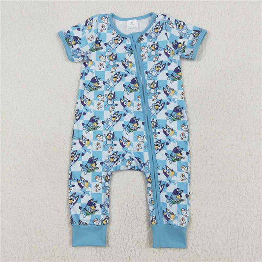 RTS NO MOQ Baby Boys Summer Bodysuit SR2454 Blue Checkered Dogs Short Sleeve Zip Rompers