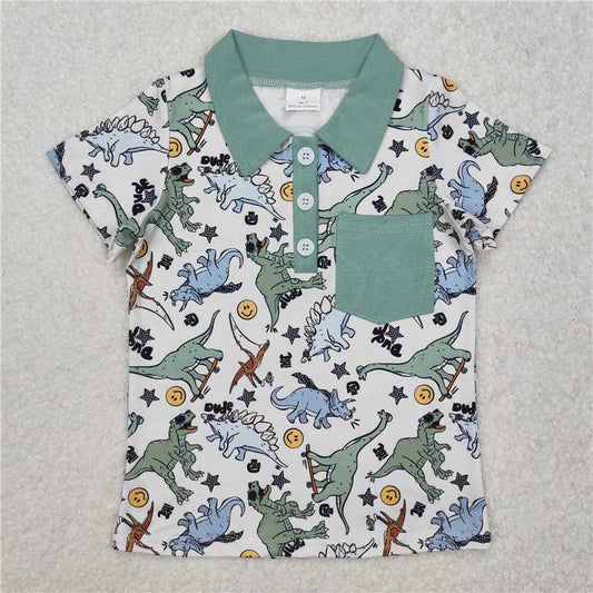 RTS NO MOQ Summer Baby Boys Shirt BT1133 Green Dinosaurs Pocket Buttons Shirts