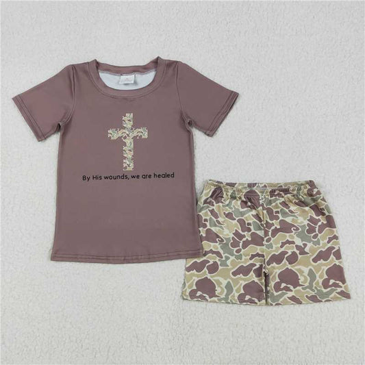 RTS NO MOQ Baby Boys kids Summer sets BSSO1134 Camouflage Cross Brown Short Sleeve Shorts Set