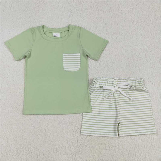 RTS NO MOQ Baby Boys kids Summer sets BSSO1103 Green Striped Pocket Short Sleeve Shorts Set