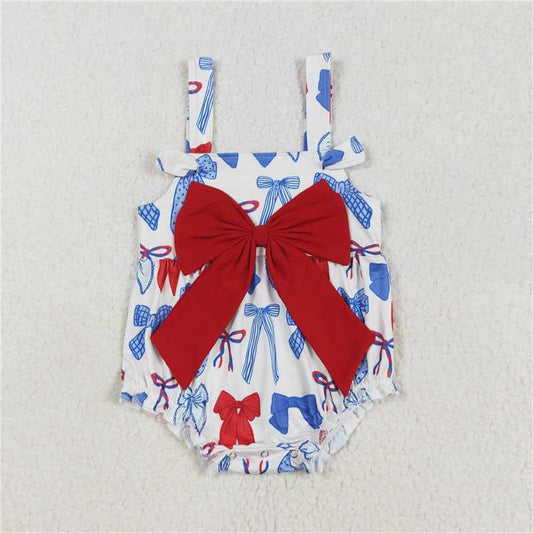 RTS NO MOQ Baby Girls Summer Bodysuit SR2606 4th of July Big Red Blue Bows Straps Rompers