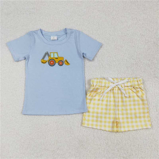 RTS NO MOQ Baby Boys kids Summer Sets BSSO1117 Engineering Vehicle Excavator Blue Short Sleeve Yellow Plaid Shorts Suit
