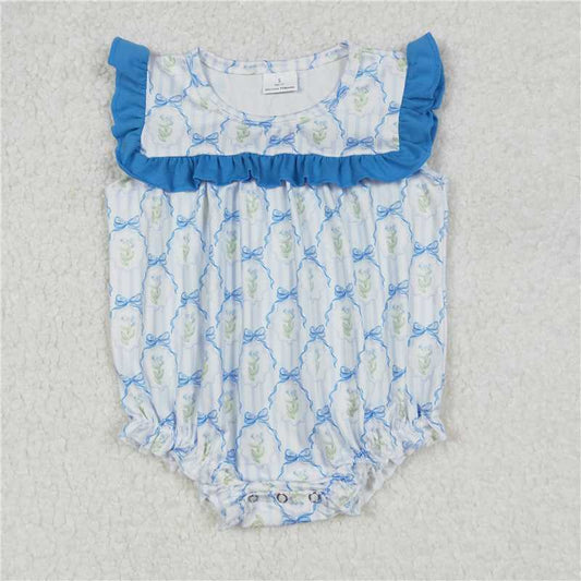 RTS NO MOQ Baby Girls Summer Bodysuit SR2648 Blue Ruffle Bows Flowers Stripe Rompers