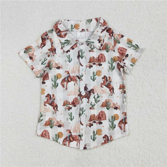 RTS NO MOQ Summer Baby Boys Shirt BT1155 Western Cow Cactus Buttons Tee Shirts Tops
