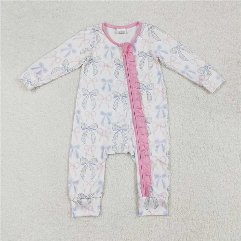 RTS NO MOQ Baby Girls Bodysuit LR2158 Long sleeves Pink Ruffles Blue Bows Zip Rompers