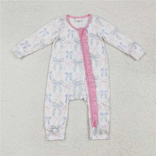RTS NO MOQ Baby Girls Bodysuit LR2158 Long sleeves Pink Ruffles Blue Bows Zip Rompers