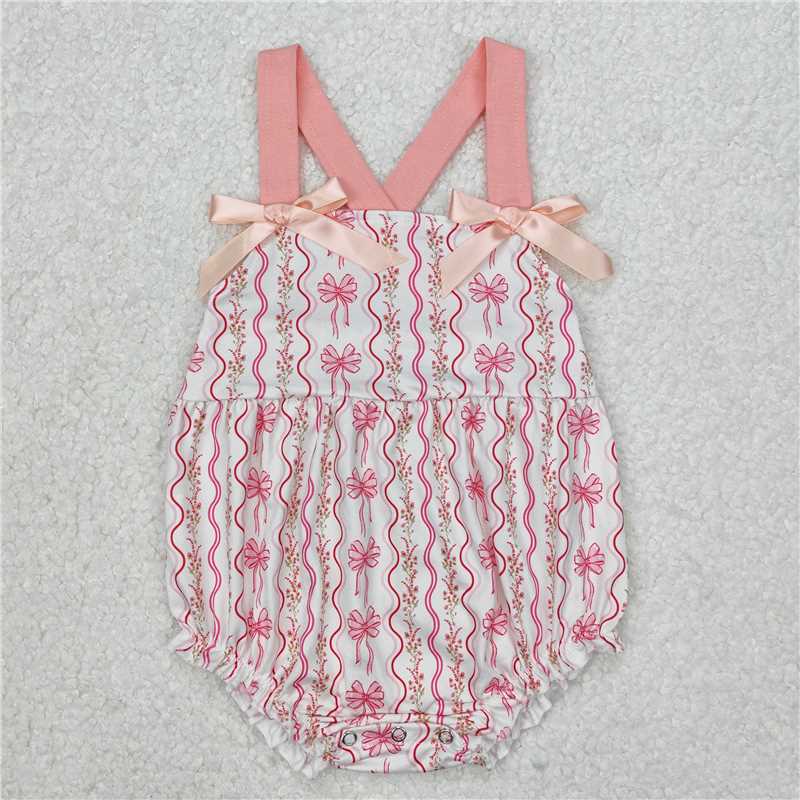 RTS NO MOQ Baby Girls Summer Bodysuit SR2704 Pink Flowers Bows Straps Rompers