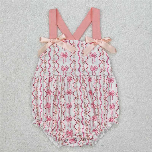RTS NO MOQ Baby Girls Summer Bodysuit SR2704 Pink Flowers Bows Straps Rompers