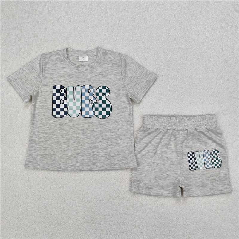 RTS NO MOQ Baby Boys kids Summer sets BSSO1304 Colorful plaid lettering grey short-sleeved shorts suit