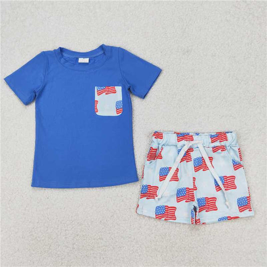 RTS NO MOQ Baby Boys kids Summer sets BSSO1258 Flag Star Pocket Blue Short Sleeve Shorts Set