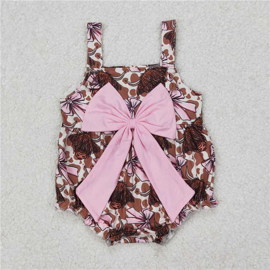 RTS NO MOQ Baby Girls Summer Bodysuit SR2697 Western Pink Bows Highland Cow Straps Rompers