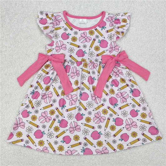 RTS NO MOQ Baby Girls Summer Skirt GSD1846 Back To School Pink Flutter Sleeves Pencil Apples Bows Knee Length Dresses