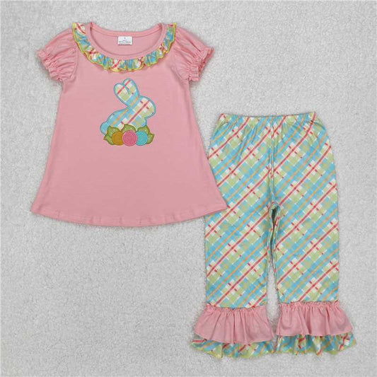 RTS NO MOQ Baby Girls Summer Kids Sets GSPO0974 Easter Pink Rabbit Flowers Tunic Ruffle Pants Clothing Sets