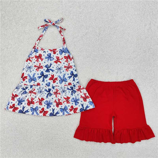 6.6 GSSO1928 Stars stripe bow halter top shorts girls 4th of july outfits