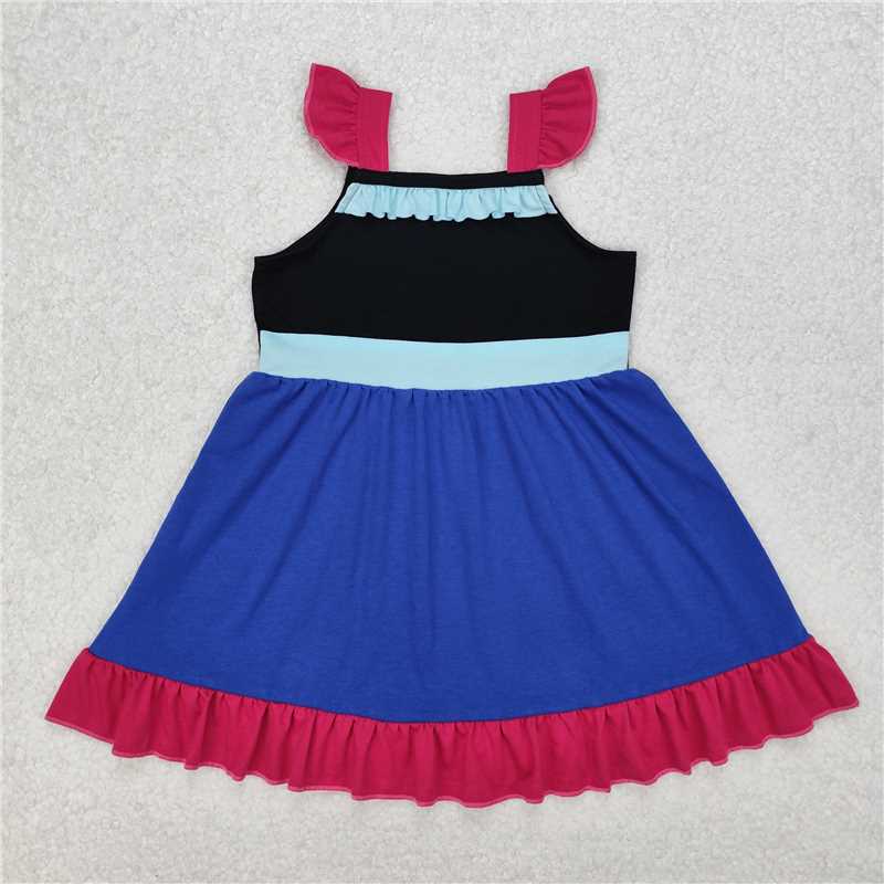 RTS NO MOQ Summer Baby Girls Dresses GSD1880 Princess Black Blue Flutter Sleeve Knee Length Dresses