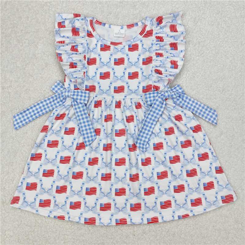 RTS NO MOQ Summer Baby Girls Dresses GSD1641 Plaid Light Blue Bows Flag 4th Of July Knee Length Dresses