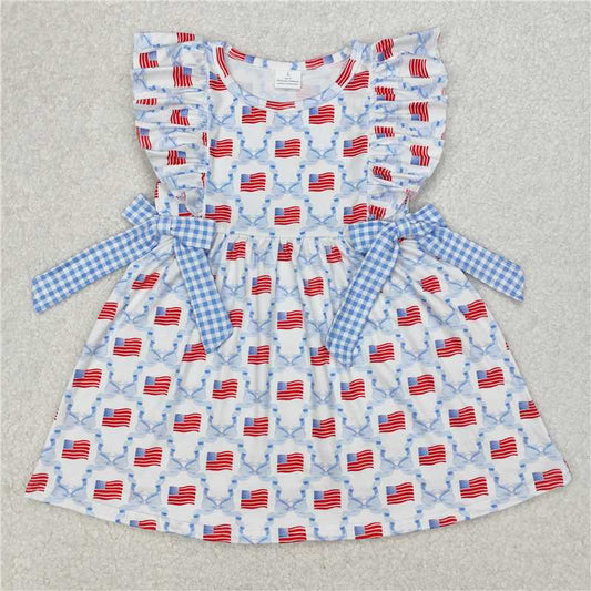 RTS NO MOQ Summer Baby Girls Dresses GSD1641 Plaid Light Blue Bows Flag 4th Of July Knee Length Dresses