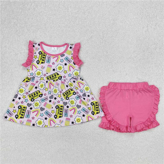 RTS NO MOQ Baby Girls Summer Sets GSSO1912 Bus Back To School Tunic Ruffle Shorts Clothes Sets