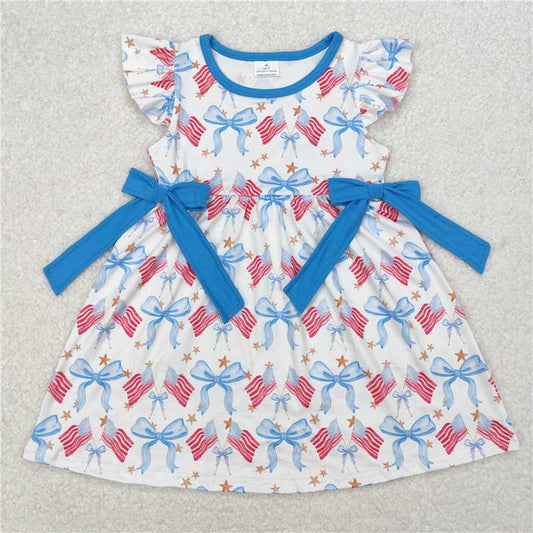 RTS NO MOQ Summer Baby Girls Dresses GSD1825 4th Of July Bows Flags Flutter Sleeve Knee Length Dresses
