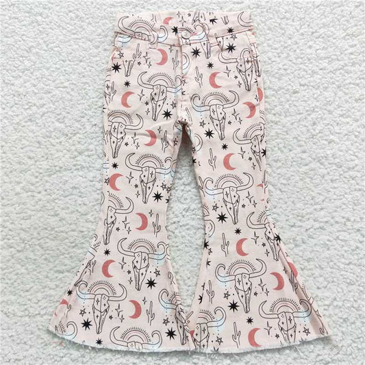 RTS NO MOQ Baby Girls Pants P0226 Western Pink Cow Denim Bell Pants