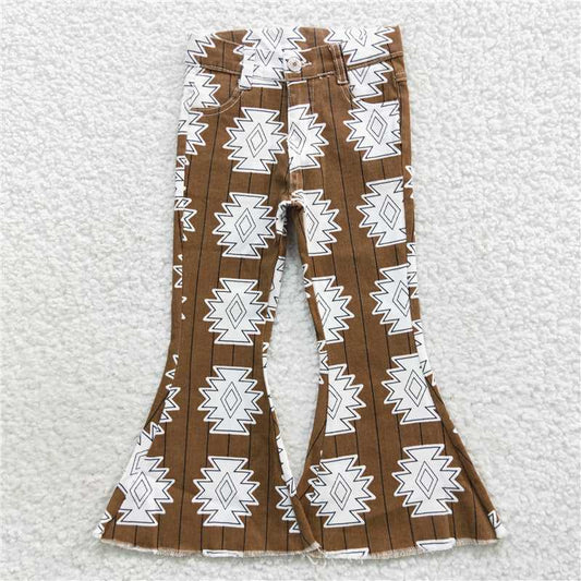 6.3 RTS NO MOQ Baby Girls Pants P0228 Western Aztec Brown Denim Bell Pants