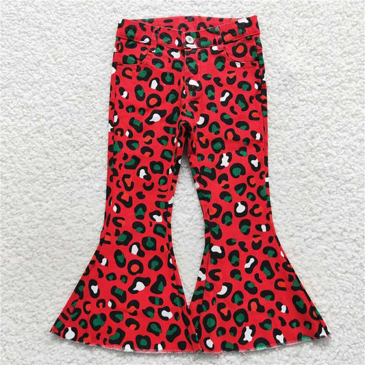 RTS NO MOQ Baby Girls Pants P0229 Christmas Green Red Leopard Denim Bell Pants