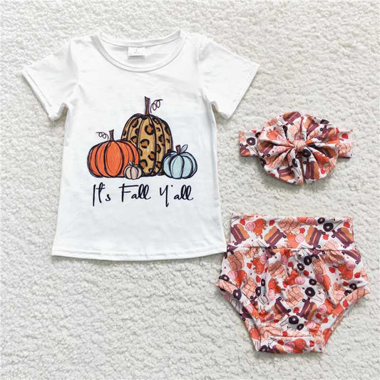 RTS NO MOQ Baby Girls Summer Outifts GBO0182 Fall Pumpkin Tee Shirt Thanksgiving Bummie Sets