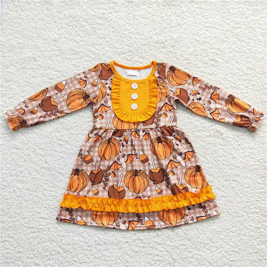 7.5 RTS NO MOQ Baby Girls Long Sleeve GLD0343 Pumpkin Fall Knee Length Ruffle Dresses