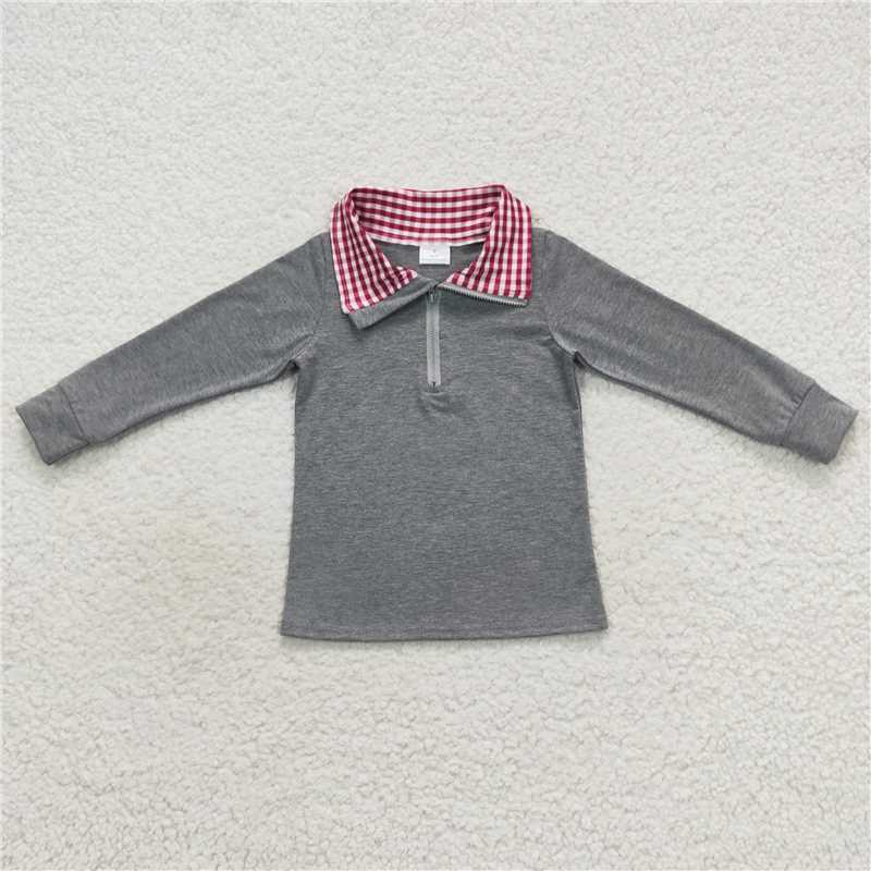 7.10 RTS NO MOQ Baby Boys Long Sleeve BT0282 Red Plaid Long Sleeve Pullover Tee Shirt Top