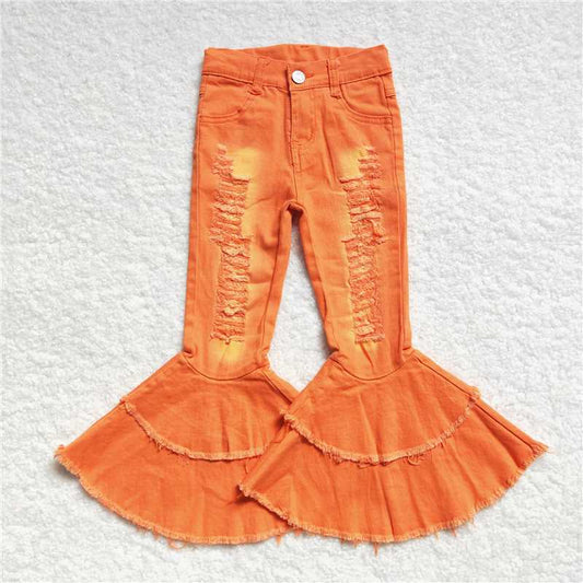 RTS NO MOQ Baby Girls Pants P0271 Orange Distressed Denim Double Ruffle Bell Pants
