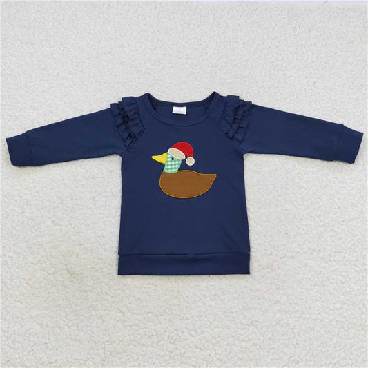 7.8 RTS NO MOQ Baby Girls Long Sleeve GT0281 Duck Christmas Hats Long Sleeve Ruffle Shirts