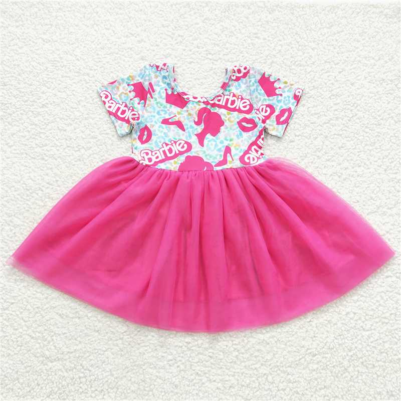 8.2 RTS NO MOQ Summer Baby Girls Dresses SD0462 Doll Leopard Top Pink Tutu Knee Length Dresses