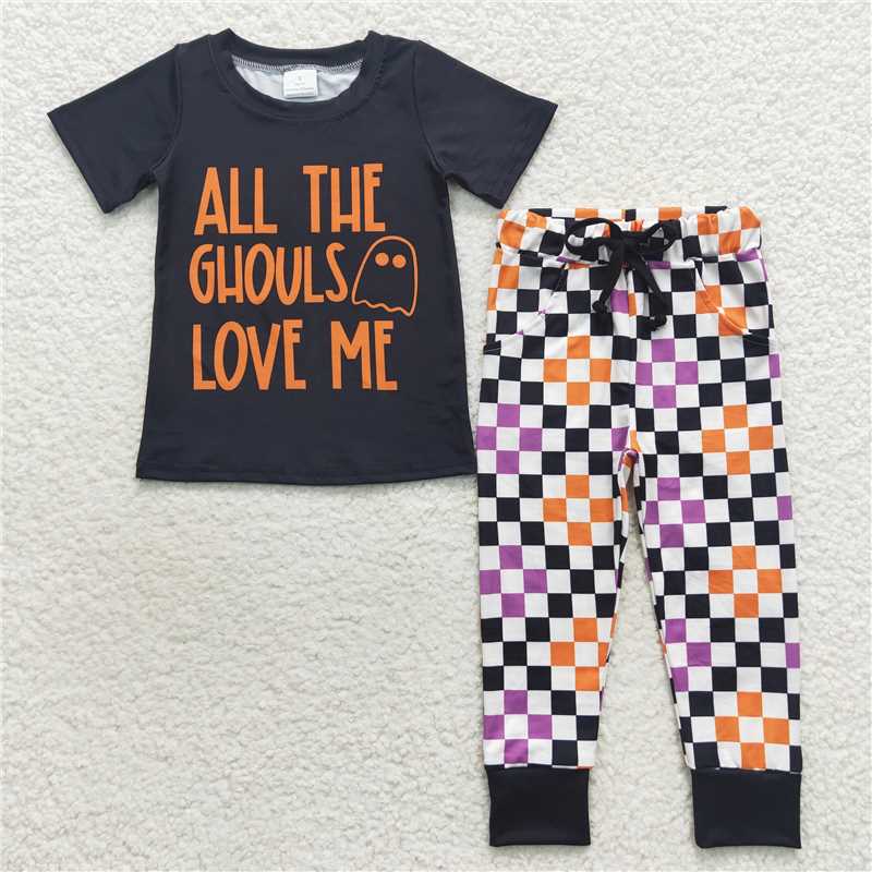 7.3 RTS NO MOQ Baby Boys Summer Sets BSPO0160 Halloween Ghost Checkered Pants Clothing Sets