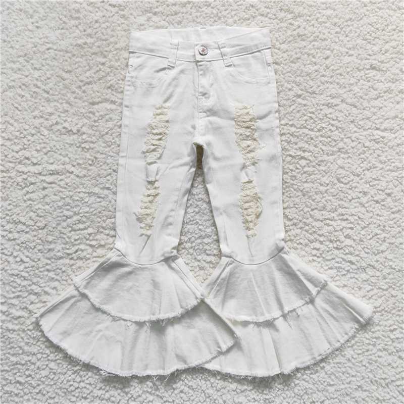 RTS NO MOQ Baby Girls Pants P0129 White Double Ruffle Distressed Denim Bell Pants