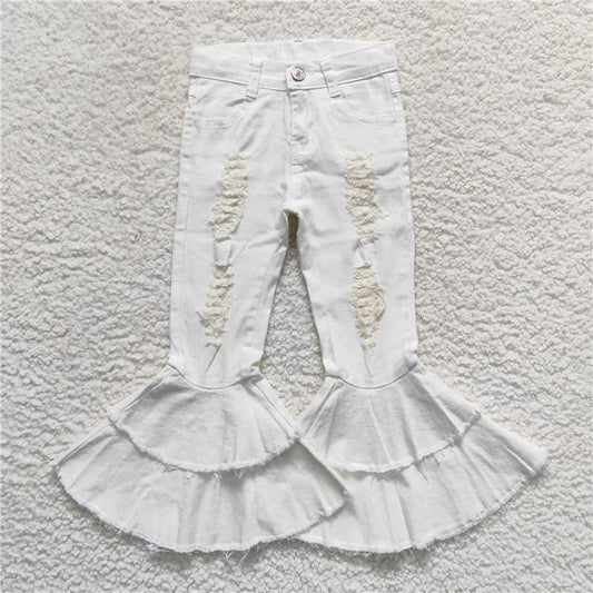 RTS NO MOQ Baby Girls Pants P0129 White Double Ruffle Distressed Denim Bell Pants