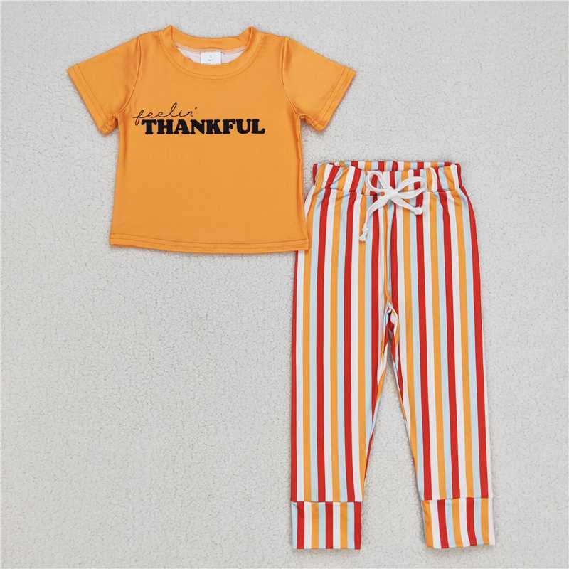 7.3 RTS NO MOQ Baby Boys Summer Sets BSPO0167 Orange Thankful Tee Thanksgiving Shirt Stripes Pants Clothes Sets