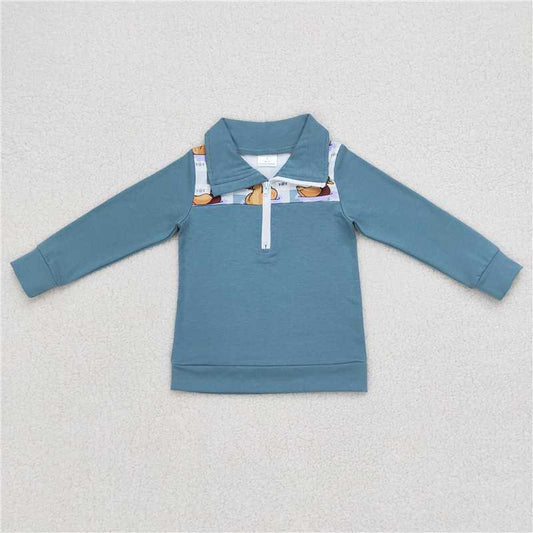 6.30 RTS NO MOQ Baby Boys Long Sleeve BT0329 Fall Duck Blue Checkered Zip Pullover Tops