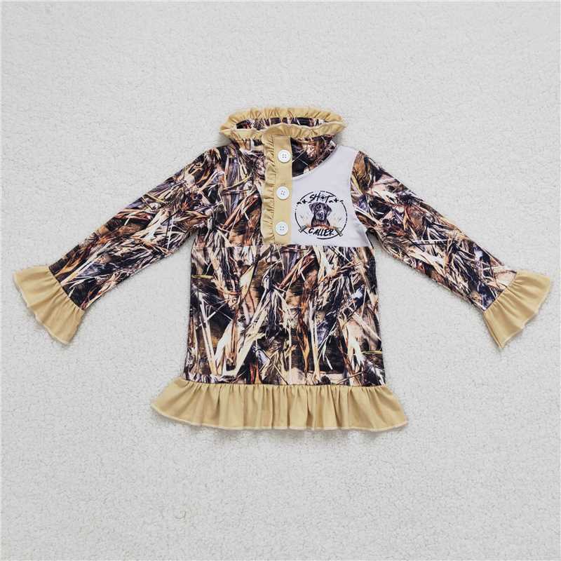5.22 RTS NO MOQ Baby Girls Long Sleeve GT0313 Camo Hunting Dog Ruffle Pullover Tops